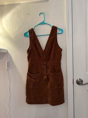 SHEIN Brown Corduroy Button-Front Mini Pinafore Dress